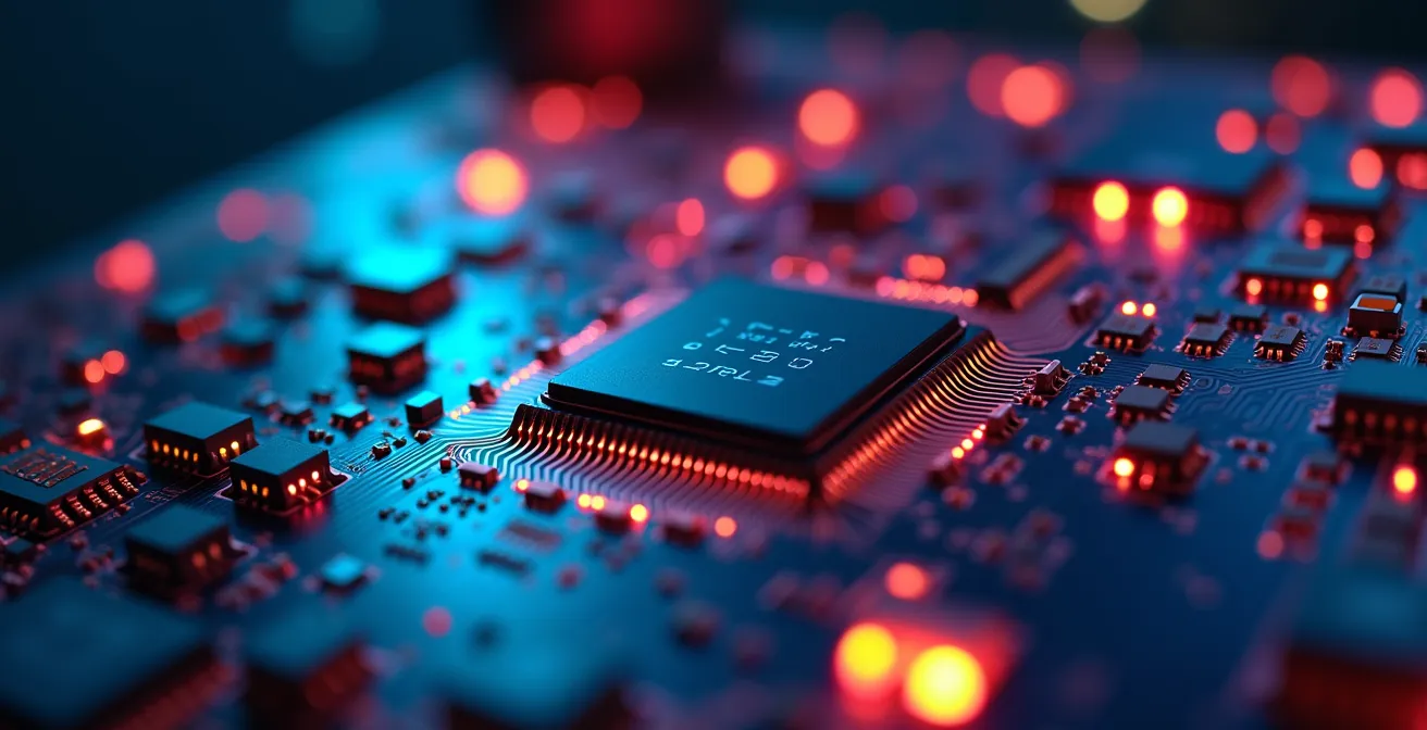 Vue macro de circuits électroniques colorés symbolisant l'analyse de données