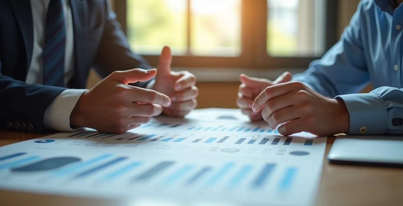 Deux professionnels en discussion autour d'une table en bois avec des graphiques