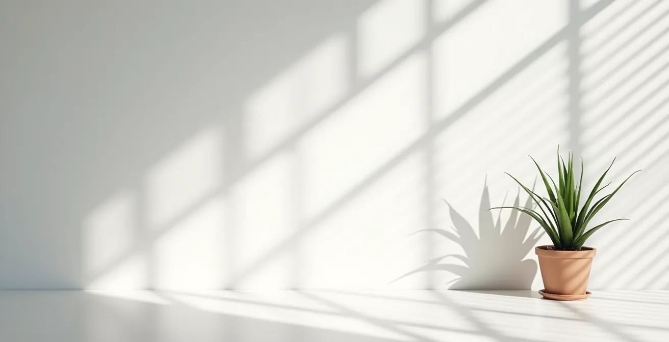 Espace de travail épuré avec plante verte et lumière naturelle