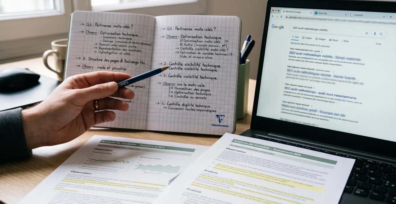 Main examinant une grille de questions et des captures de résultats de recherche génériques