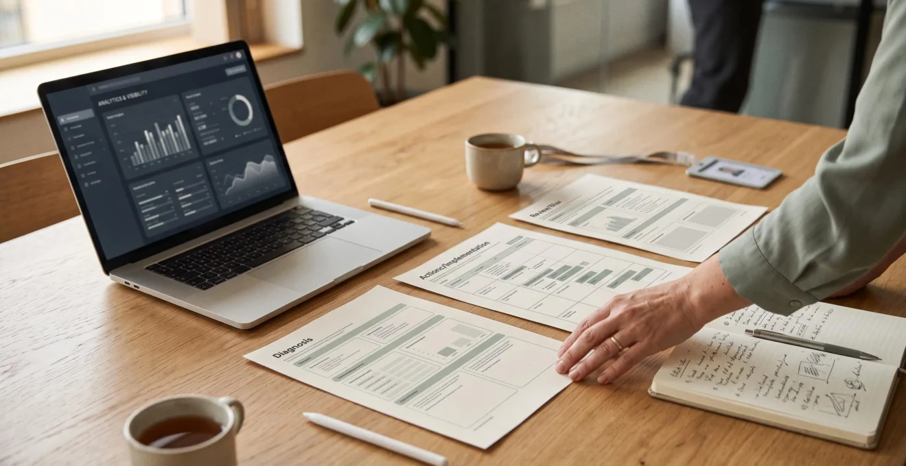 Tableau de suivi de visibilité IA et trois phases de travail présentés sur une table de projet